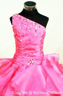 Ruffles Hot Pink Beading Little Girl Pageant Dresses with One Shoulder