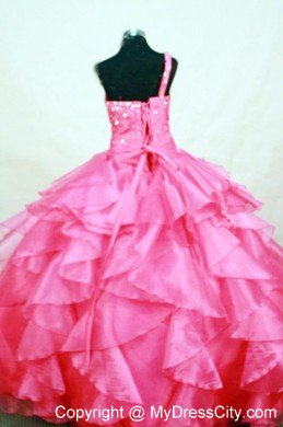 Ruffles Hot Pink Beading Little Girl Pageant Dresses with One Shoulder