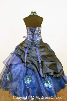 Halter Beading Floor-length Little Girl Pageant Dresses Organza Blue