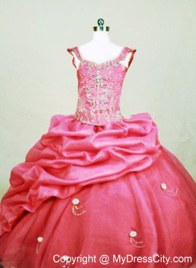 Beading Square Organza Little Girl Pageant Dresses Floor-length Hot Pink