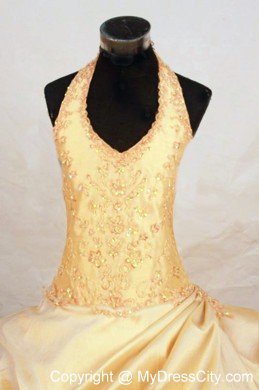 Halter Beaded Ball gown Gold Floor-length Little Girl Pageant Dresses