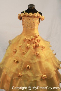 Gold Straps Hand Flowers Little Girl Pageant Dress Straps Floor-length