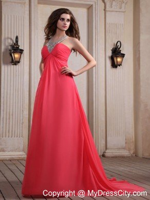 Coral Red Halter Top Beaded Maxi Graduation Dress with Train