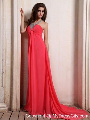 Coral Red Halter Top Beaded Maxi Graduation Dress with Train