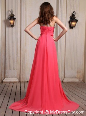 Coral Red Halter Top Beaded Maxi Graduation Dress with Train