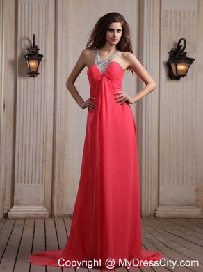 Coral Red Halter Top Beaded Maxi Graduation Dress with Train