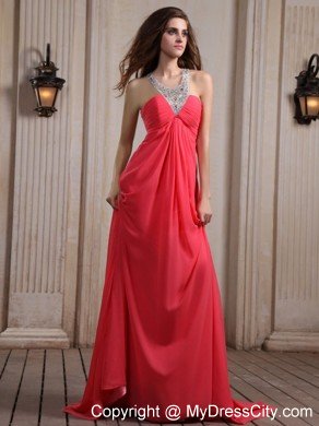 Coral Red Halter Top Beaded Maxi Graduation Dress with Train