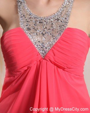 Coral Red Halter Top Beaded Maxi Graduation Dress with Train