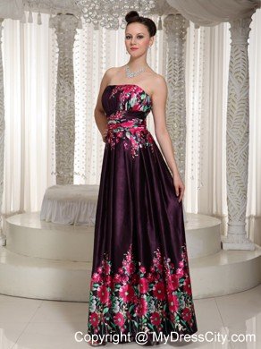 Ruched Strapless Printing Flower Maxi Dress with Sheath Belt