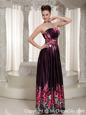 Ruched Strapless Printing Flower Maxi Dress with Sheath Belt