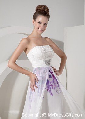 White Strapless Beading Prom Maxi Dress with Printing Flower