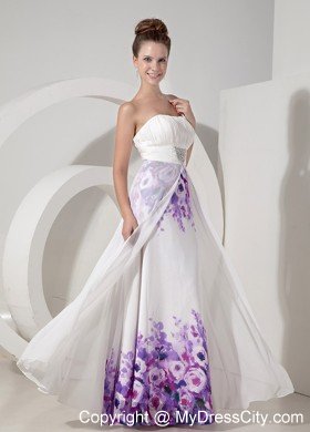 White Strapless Beading Prom Maxi Dress with Printing Flower