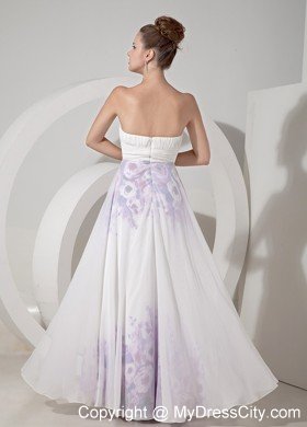 White Strapless Beading Prom Maxi Dress with Printing Flower