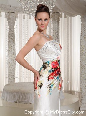 Ruched Strapless Printing Cocktail Maxi Dress with Rhinestones