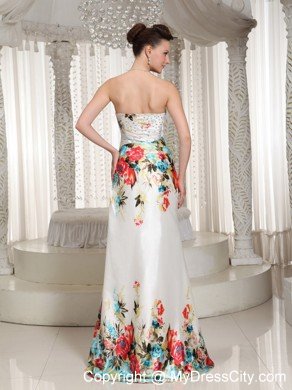 Ruched Strapless Printing Cocktail Maxi Dress with Rhinestones