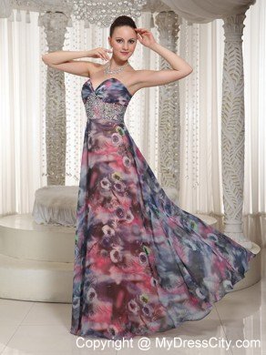 Beaded Sweetheart Printing Maxi Dress Zipper Back for Prom