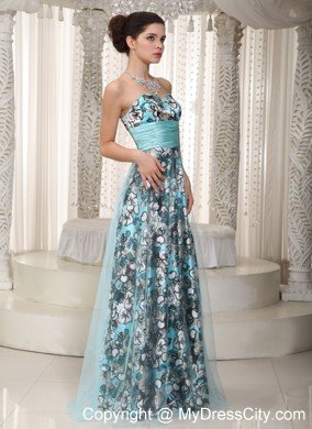 Cheap Printed Sweetheart Tulle Maxi Dresses with Belt