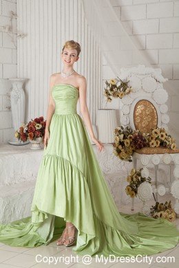 Yellow Green A-line Strapless Chapel Train Taffeta Ruched Maxi Dress