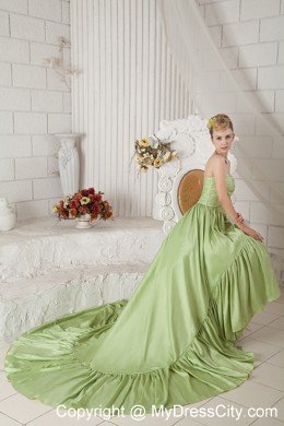 Yellow Green A-line Strapless Chapel Train Taffeta Ruched Maxi Dress