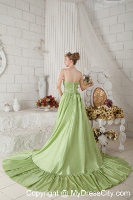 Yellow Green A-line Strapless Chapel Train Taffeta Ruched Maxi Dress