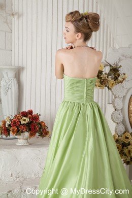 Yellow Green A-line Strapless Chapel Train Taffeta Ruched Maxi Dress