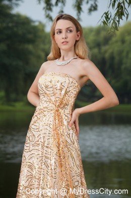 Gold Empire Strapless Floor-length Maxi Dress with Bright Sequins