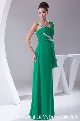 Green Empire Long Appliques Strap Ruched Bodice Maxi Dress for prom