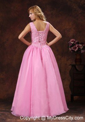 Rose Pink Appliques Scoop Neck Princess 2013 Prom Dress