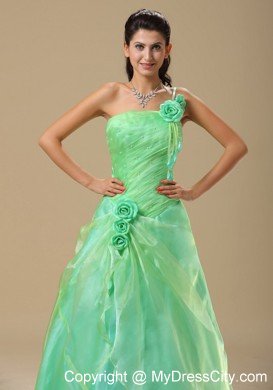 Flowers One Shoulder Ruched Apple Green Dresses For Prom