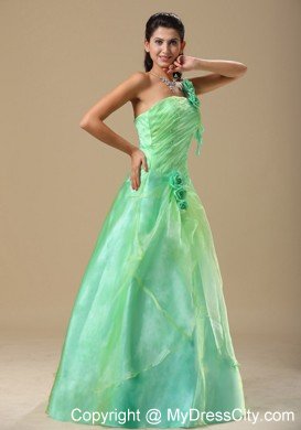 Flowers One Shoulder Ruched Apple Green Dresses For Prom