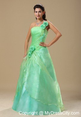 Flowers One Shoulder Ruched Apple Green Dresses For Prom