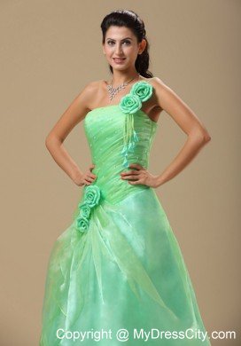 Flowers One Shoulder Ruched Apple Green Dresses For Prom