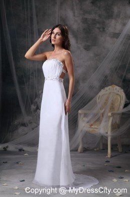 White Strapless Long Prom Dress with Beading and Ruching