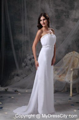 White Strapless Long Prom Dress with Beading and Ruching