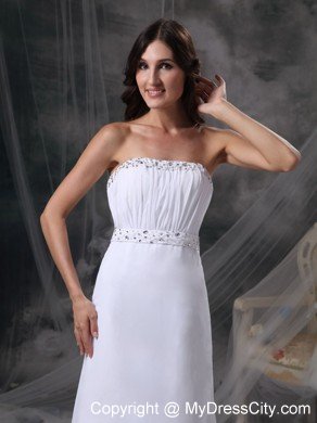 White Strapless Long Prom Dress with Beading and Ruching