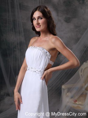 White Strapless Long Prom Dress with Beading and Ruching