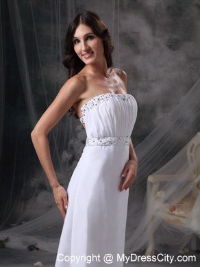 White Strapless Long Prom Dress with Beading and Ruching