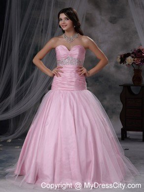 Baby Pink Sweetheart A-line Beaded and Ruched Prom Dress