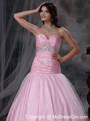 Baby Pink Sweetheart A-line Beaded and Ruched Prom Dress