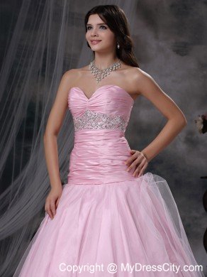 Baby Pink Sweetheart A-line Beaded and Ruched Prom Dress