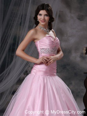 Baby Pink Sweetheart A-line Beaded and Ruched Prom Dress