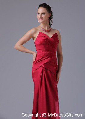 Wine Red Column V-neck Long Dress for Prom With Ruched Bust