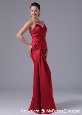 Wine Red Column V-neck Long Dress for Prom With Ruched Bust