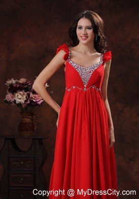 Beading Decorated Bust Square Neckline Red Chiffon Prom Dress