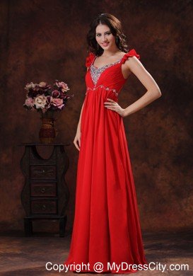 Beading Decorated Bust Square Neckline Red Chiffon Prom Dress