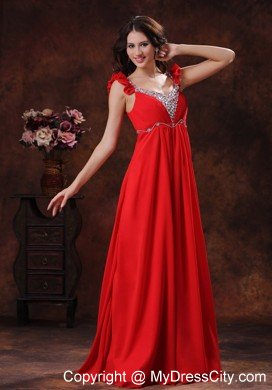 Beading Decorated Bust Square Neckline Red Chiffon Prom Dress