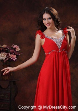 Beading Decorated Bust Square Neckline Red Chiffon Prom Dress