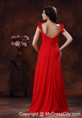 Beading Decorated Bust Square Neckline Red Chiffon Prom Dress