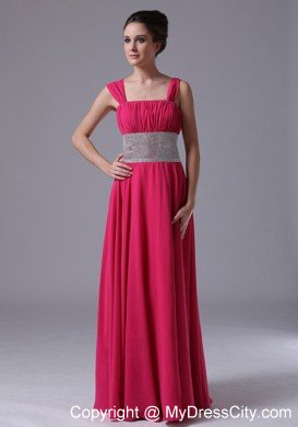 Beaded Decorated Waist Hot Pink Straps Prom Gown with Lace-up