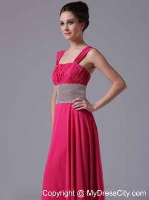 Beaded Decorated Waist Hot Pink Straps Prom Gown with Lace-up